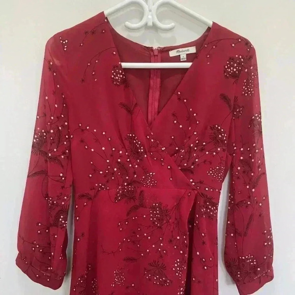 Madewell Red Wrap Floral Print Crepe Mini Dress sz 0 - Picture 3 of 12